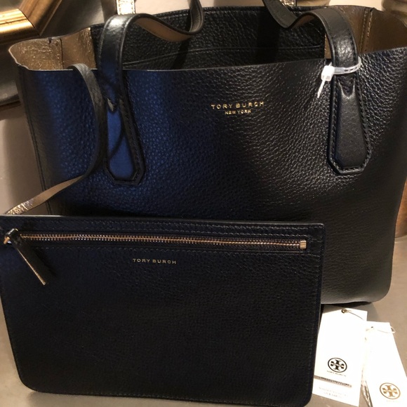 Tory Burch black pebbled leather tote and pouch. - Picture 3 of 7